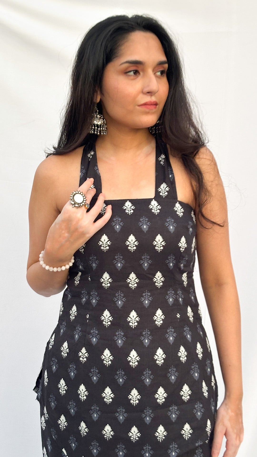 Charcoal black Halter Neck Handblock Printed Corset  kurti Set with Scarf