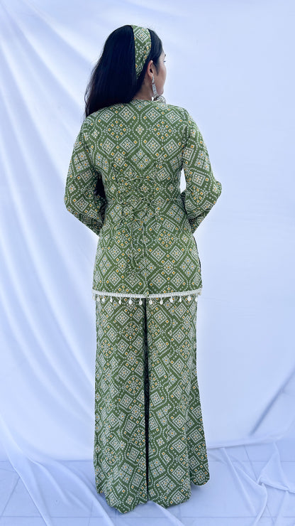Olive Green Bandhani Print Co-ord Set with Corset Back & Scarf