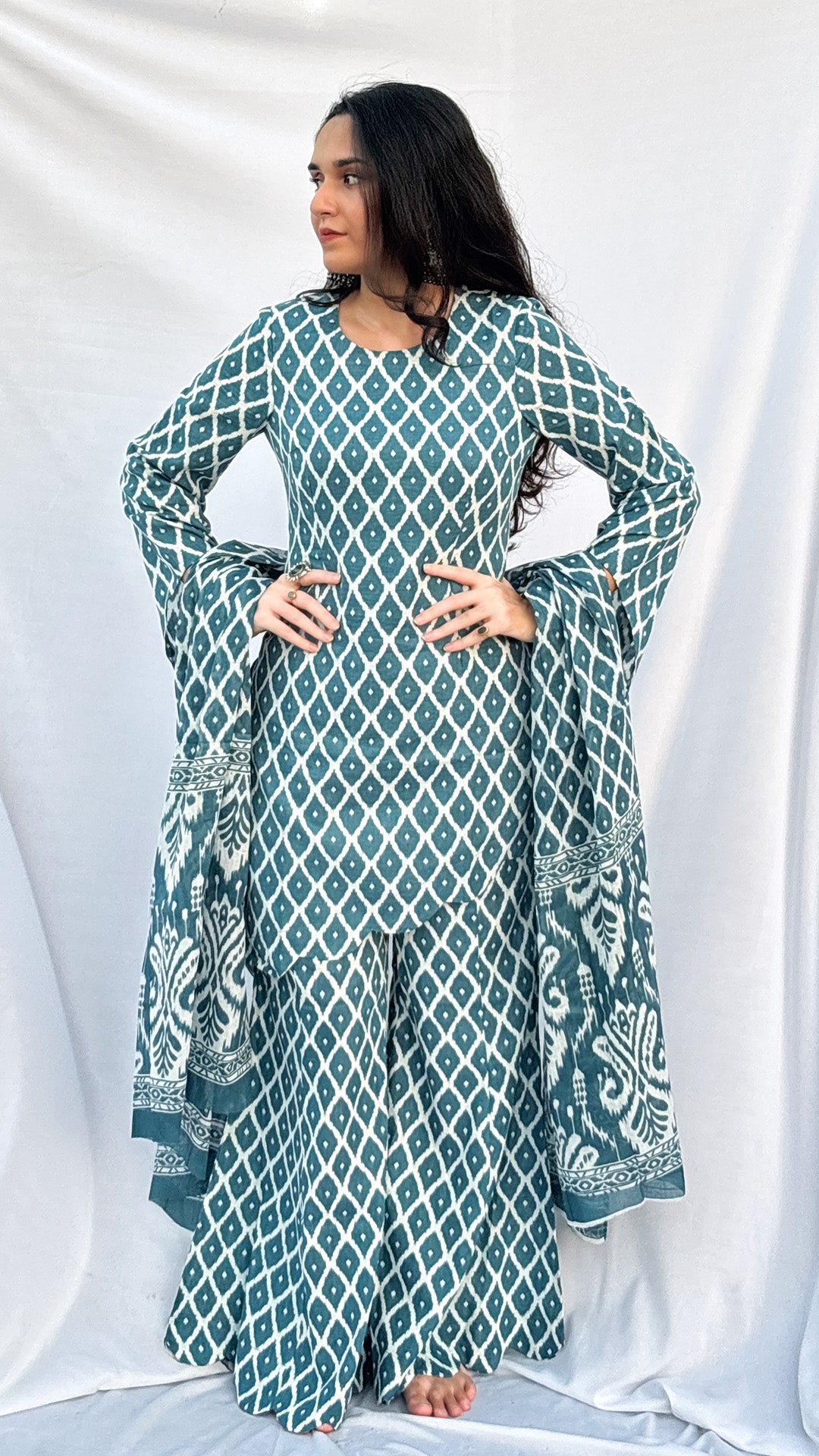 Sky Blue Handblock Printed Corset Kurti Set with Slit Sleeves & Dupatta And Scarf