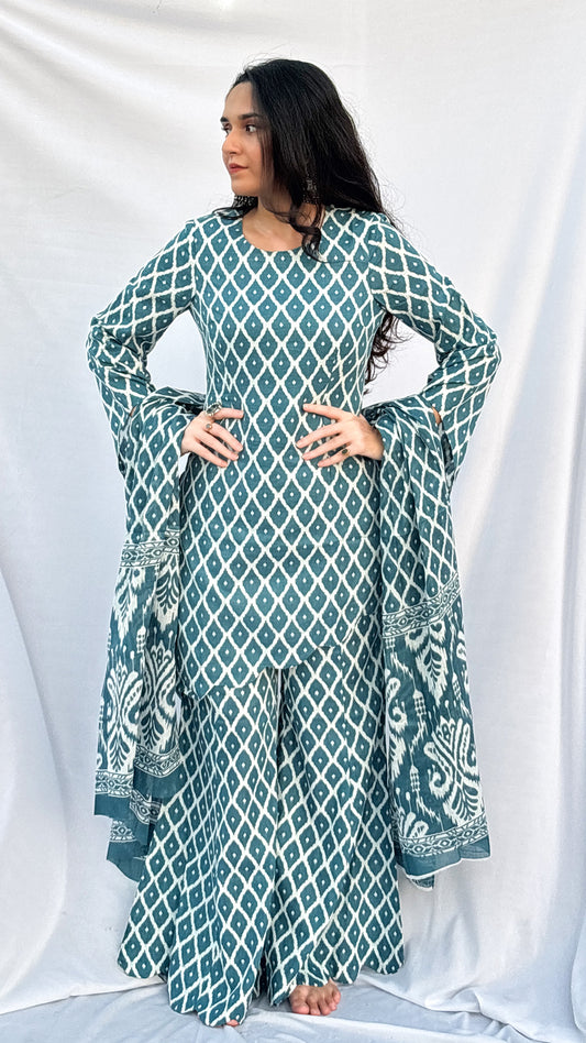Sky Blue Handblock Printed Corset Kurti Set with Slit Sleeves & Dupatta And Scarf