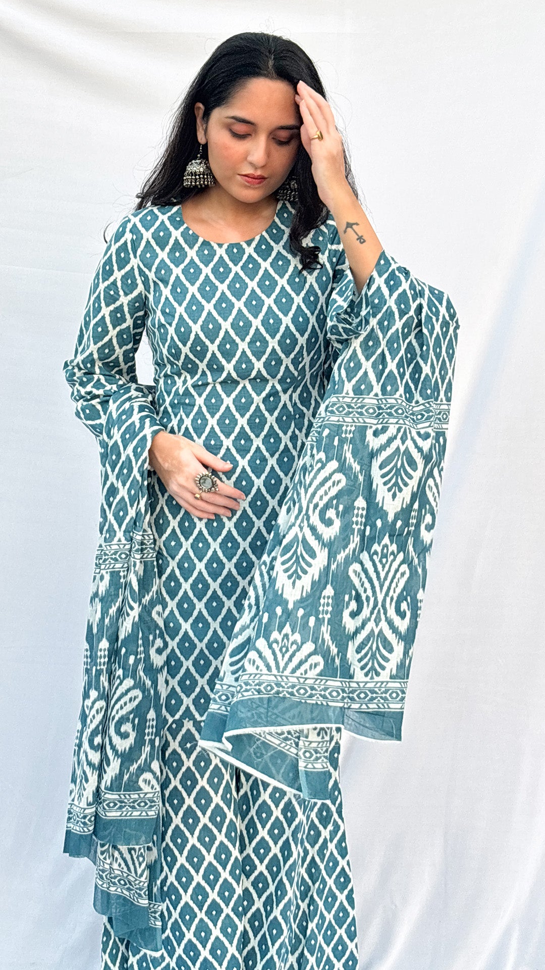 Sky Blue Handblock Printed Corset Kurti Set with Slit Sleeves & Dupatta And Scarf