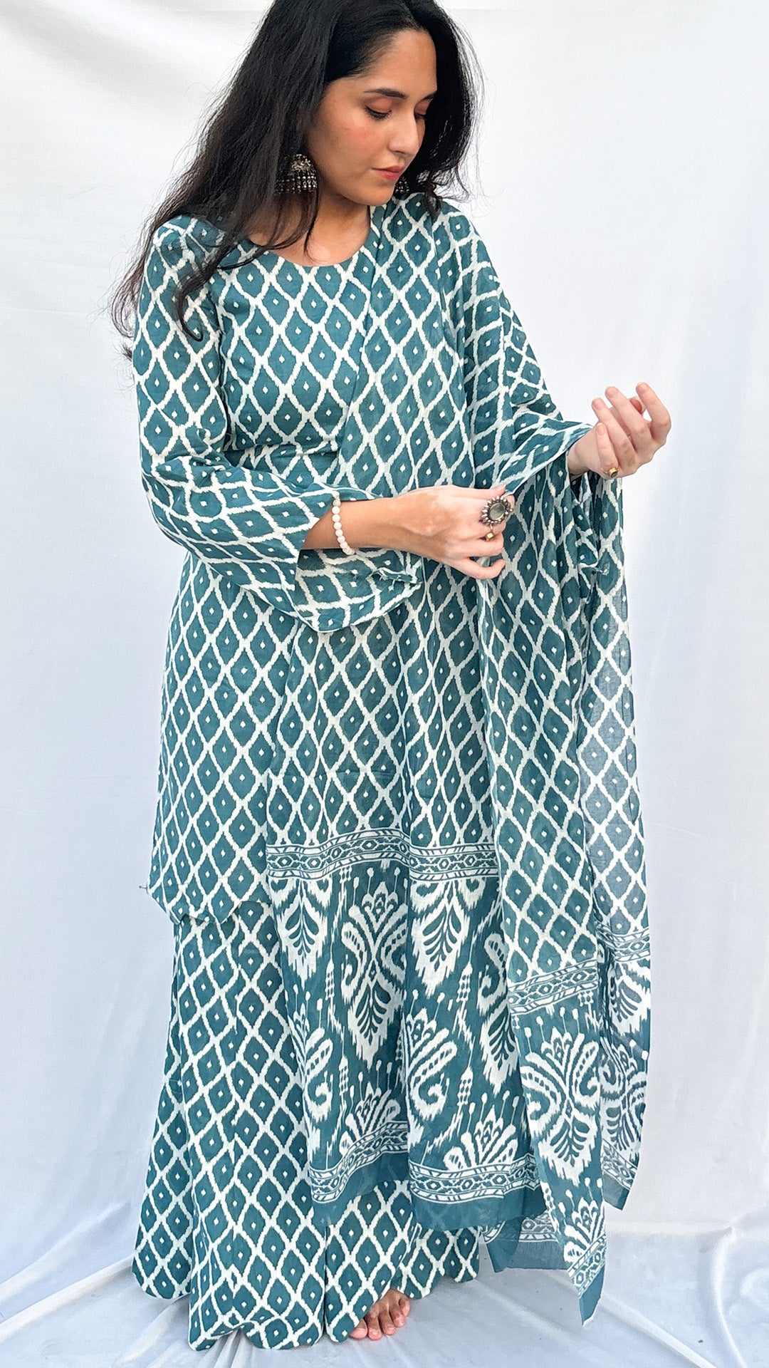 Sky Blue Handblock Printed Corset Kurti Set with Slit Sleeves & Dupatta And Scarf