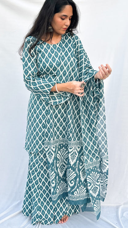 Sky Blue Handblock Printed Corset Kurti Set with Slit Sleeves & Dupatta And Scarf