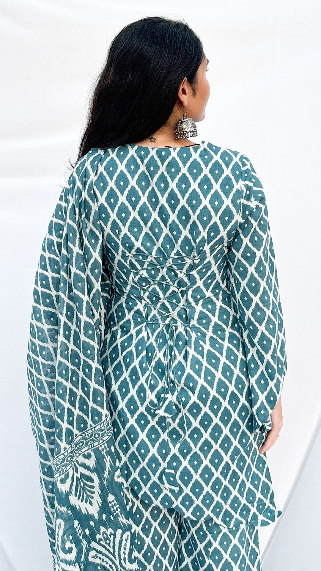 Sky Blue Handblock Printed Corset Kurti Set with Slit Sleeves & Dupatta And Scarf