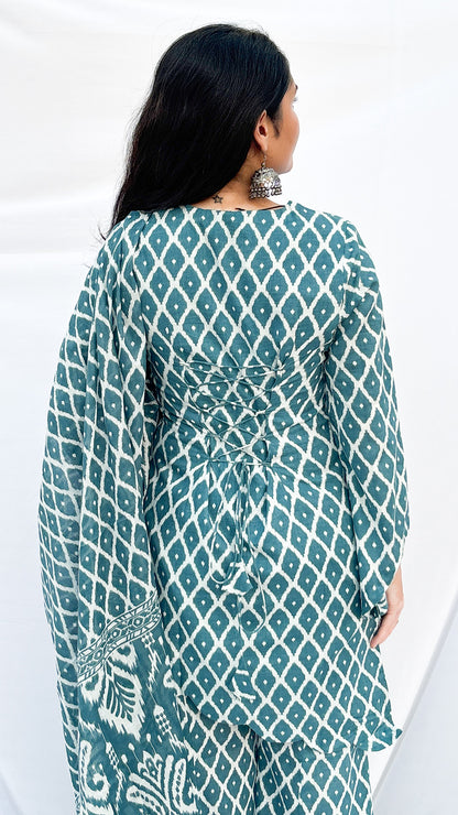 Sky Blue Handblock Printed Corset Kurti Set with Slit Sleeves & Dupatta And Scarf