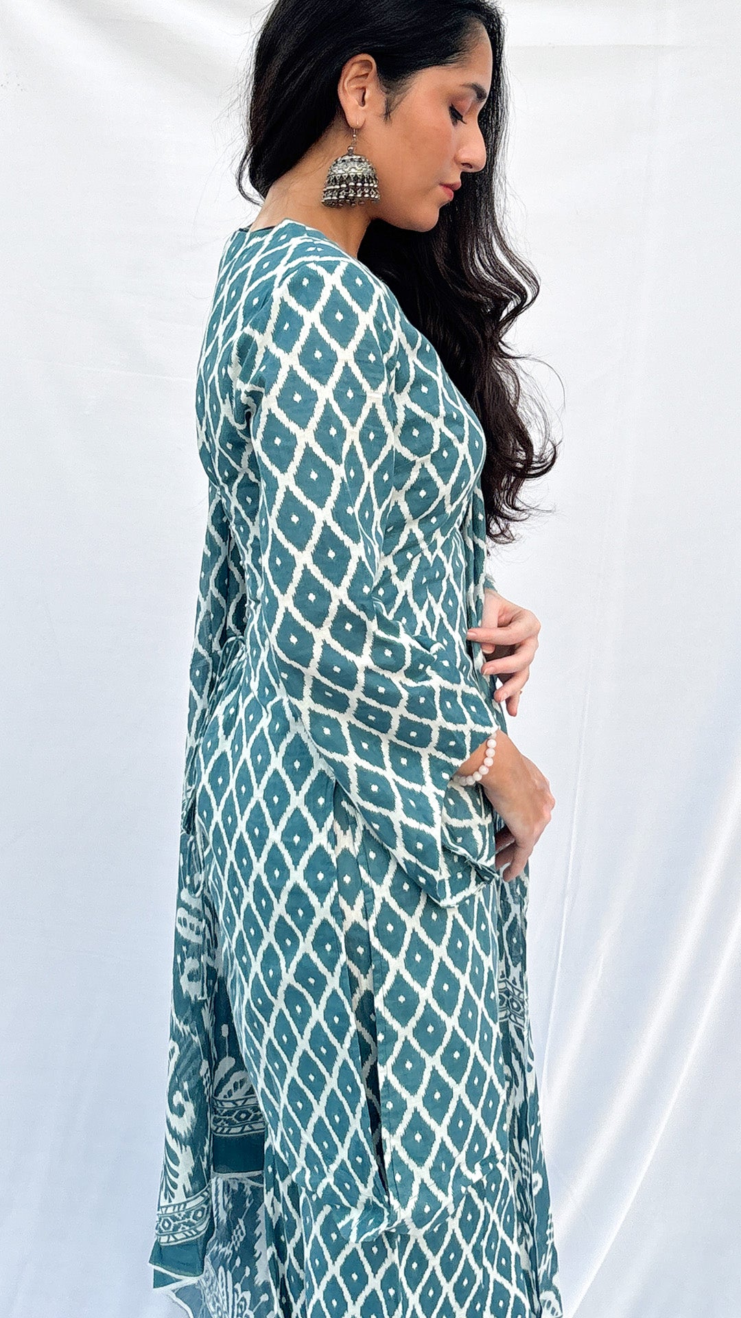 Sky Blue Handblock Printed Corset Kurti Set with Slit Sleeves & Dupatta And Scarf
