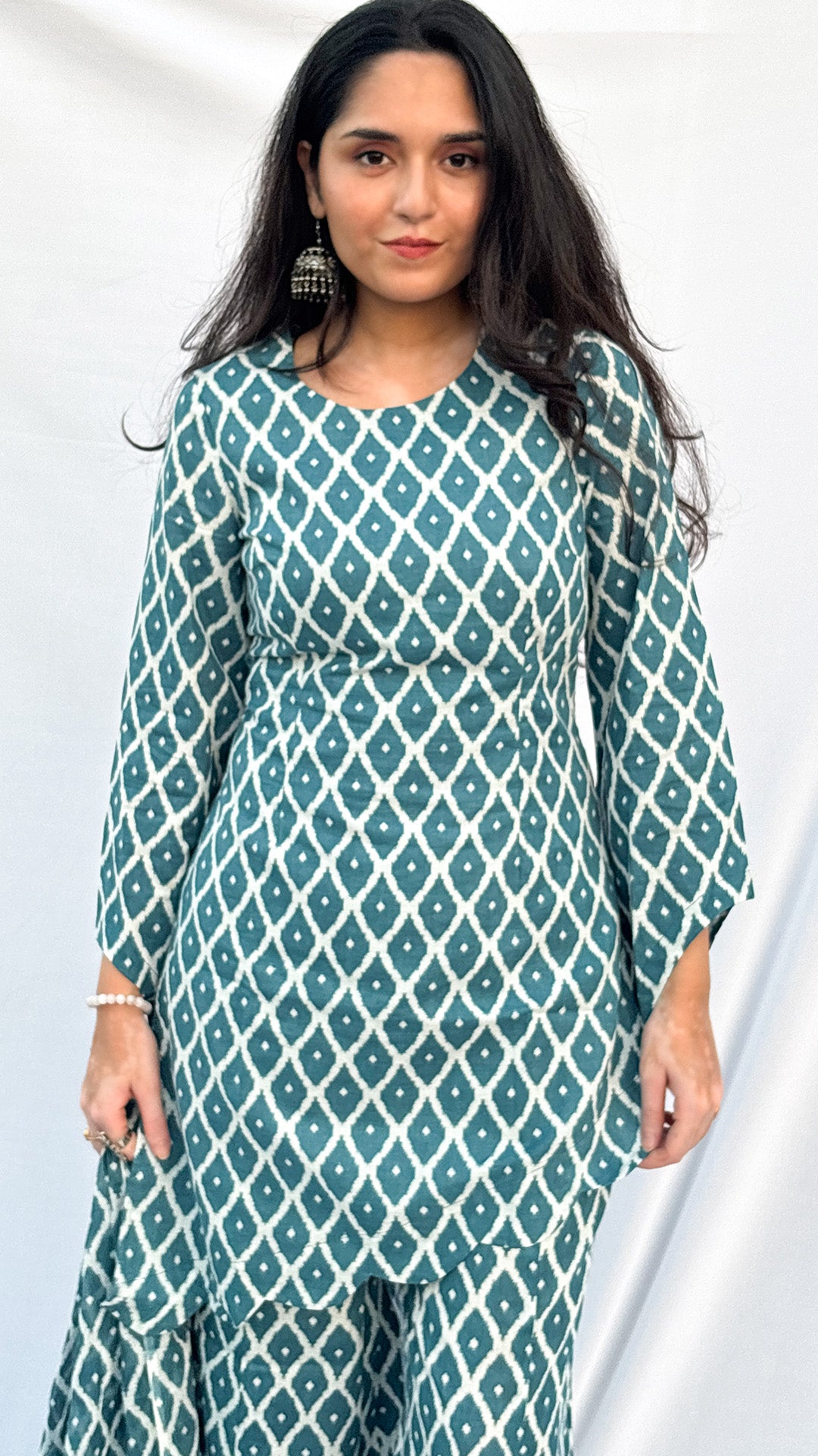Sky Blue Handblock Printed Corset Kurti Set with Slit Sleeves & Dupatta And Scarf