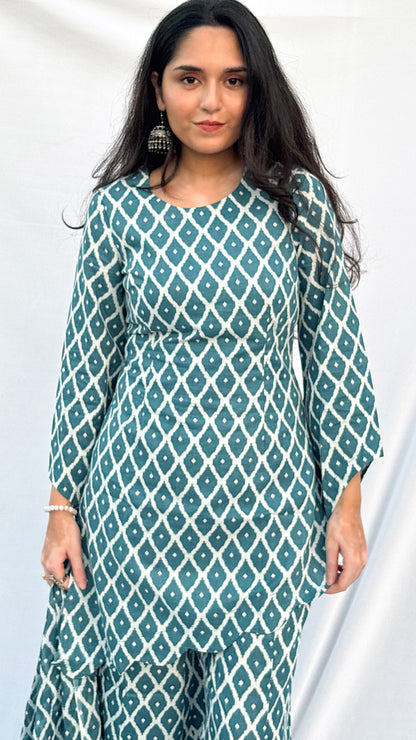 Sky Blue Handblock Printed Corset Kurti Set with Slit Sleeves & Dupatta And Scarf