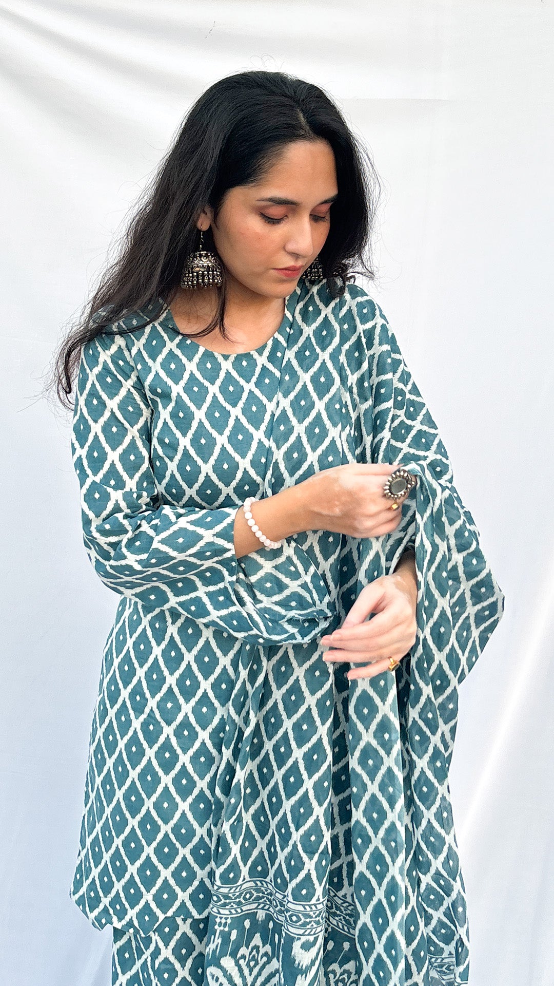 Sky Blue Handblock Printed Corset Kurti Set with Slit Sleeves & Dupatta And Scarf