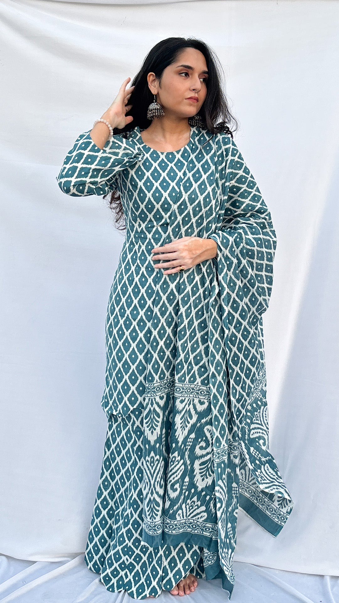 Sky Blue Handblock Printed Corset Kurti Set with Slit Sleeves & Dupatta And Scarf