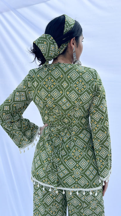 Olive Green Bandhani Print Co-ord Set with Corset Back & Scarf