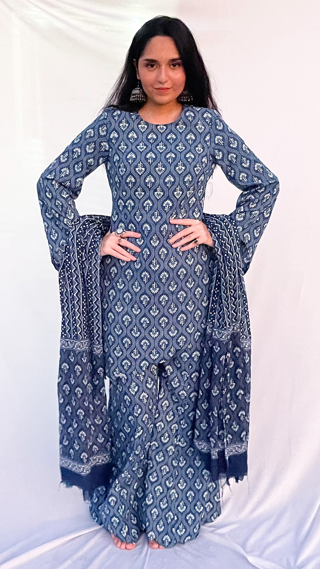Blue Handblock Printed Corset Kurti Set with Slit Sleeves & Dupatta And Scarf