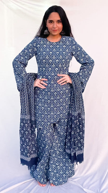 Blue Handblock Printed Corset Kurti Set with Slit Sleeves & Dupatta And Scarf