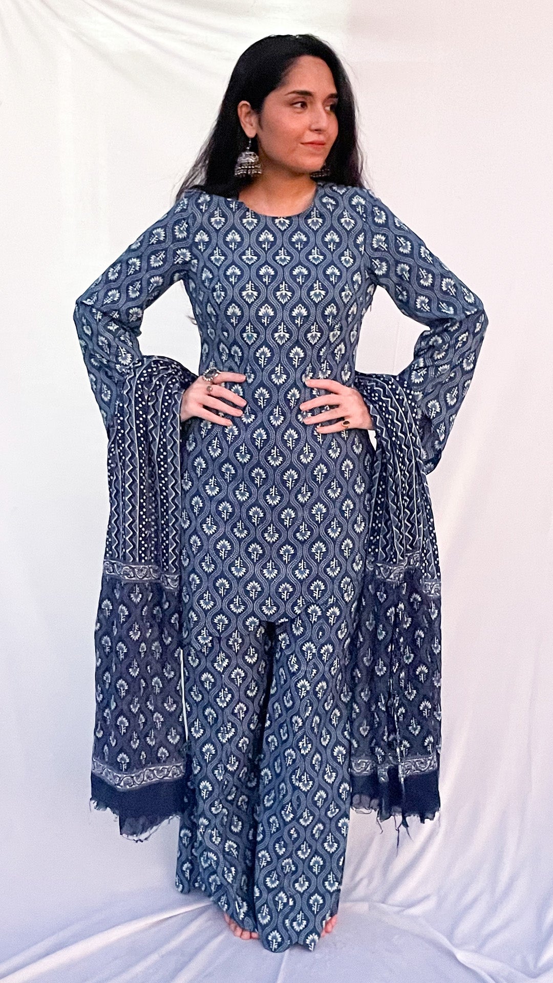Blue Handblock Printed Corset Kurti Set with Slit Sleeves & Dupatta And Scarf
