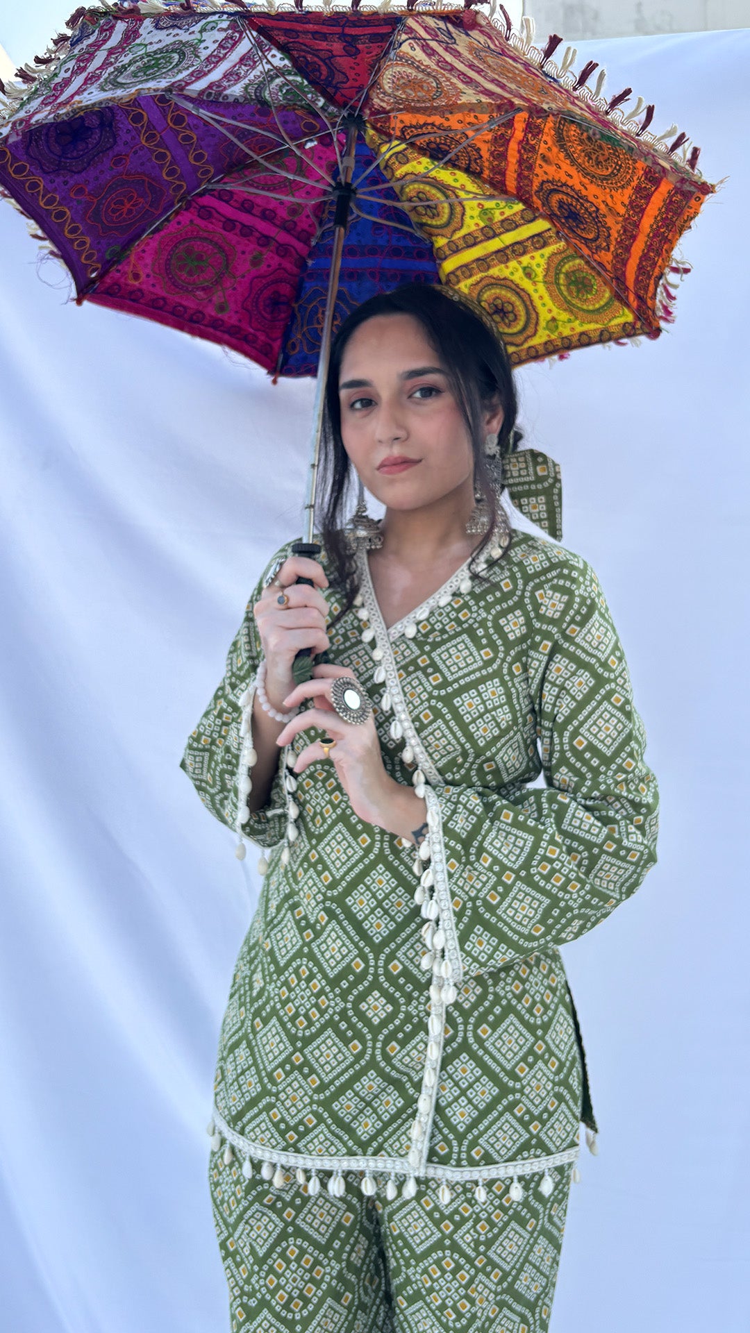 Olive Green Bandhani Print Co-ord Set with Corset Back & Scarf