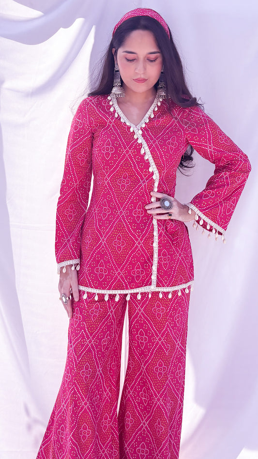 Pink Bandhani Print Co-ord Set with Corset Back & Scarf