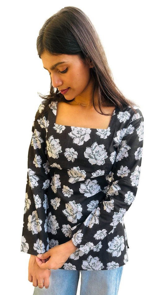 Women’s Pure Cotton Short Kurti | Indo Western Printed Kurti Top | Adjustable Back Tie-Up | Casual & Office Wear Kurta for Jeans.