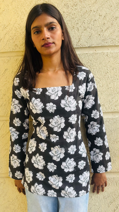 Women’s Pure Cotton Short Kurti | Indo Western Printed Kurti Top | Adjustable Back Tie-Up | Casual & Office Wear Kurta for Jeans.