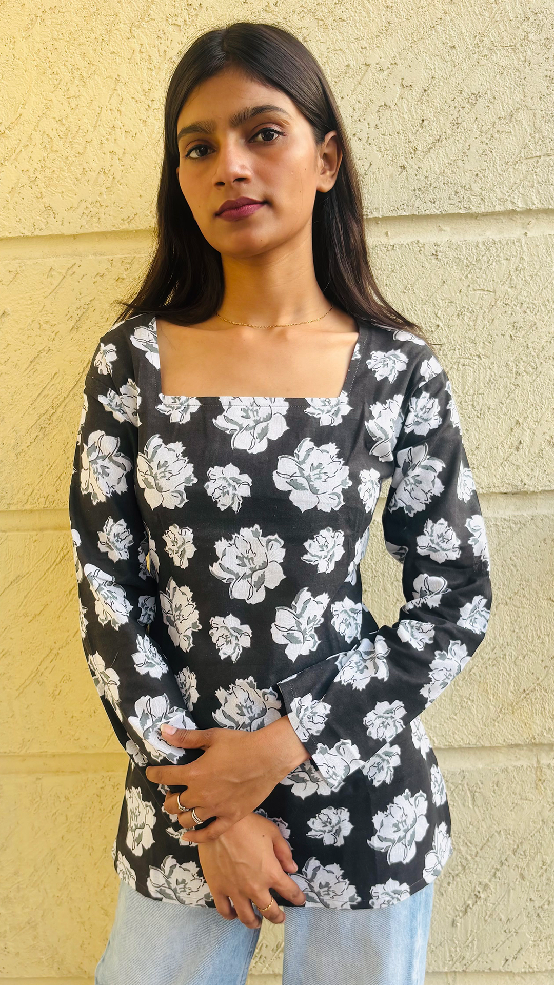 Women’s Pure Cotton Short Kurti | Indo Western Printed Kurti Top | Adjustable Back Tie-Up | Casual & Office Wear Kurta for Jeans.