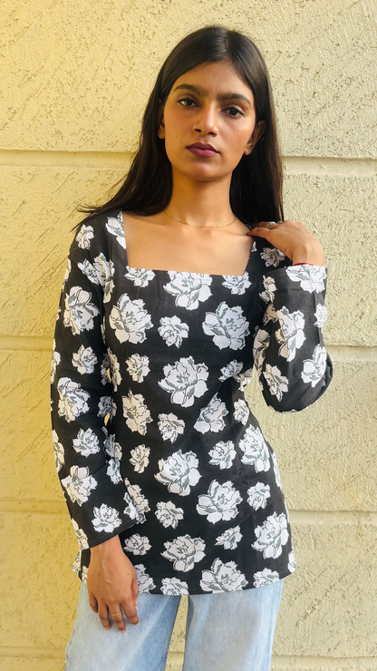 Women’s Pure Cotton Short Kurti | Indo Western Printed Kurti Top | Adjustable Back Tie-Up | Casual & Office Wear Kurta for Jeans.